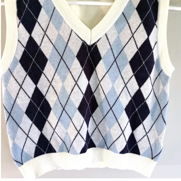 Princess Polly Navy Blue Crop Argyle‎ Sweater Vest Preppy Y2K Academia Women M/L - Image 4