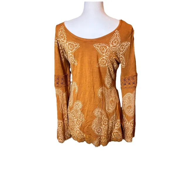Indigo Thread Co Boho Paisley Tunic Top Womens Small Bell‎ Sleeve Crochet Trim - Image 2