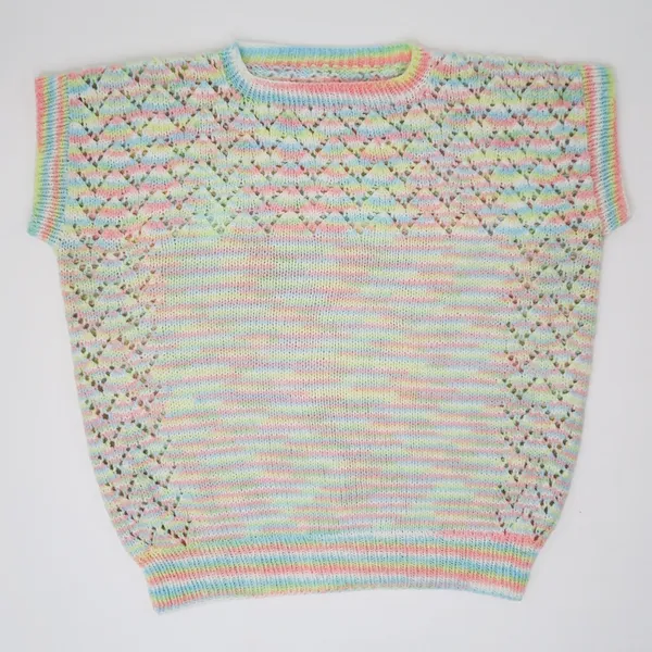 Vintage Homemade Pastel Rainbow Crochet Short Sleeve Sweater Shirt - Image 2