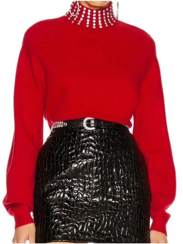 GRLFRND Katherine Red Rhinestone Collar Knit Sweater Small - Image 2