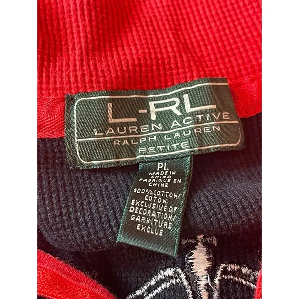 Y2K Lauren Ralph Lauren Blck Patch Embroidered Long Sleeve Waffle Henley Top PL - Image 8