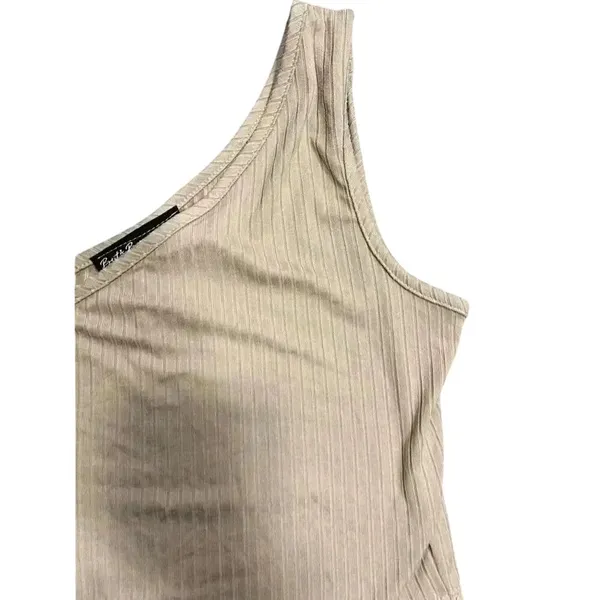Brit & Bri‎ Tan Ribbed One Shoulder Crop Top Beige Rib Knit Sleeveless Shirt - Image 2