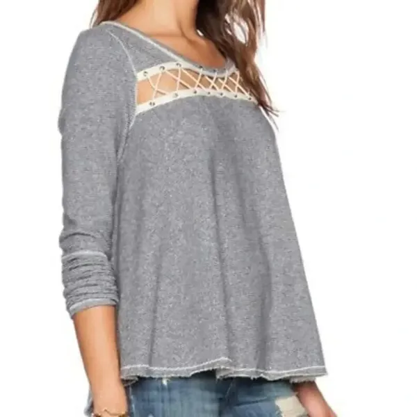 Free People‎ Women's Medium Lacey Love Blue/White Striped Sweater - Image 2