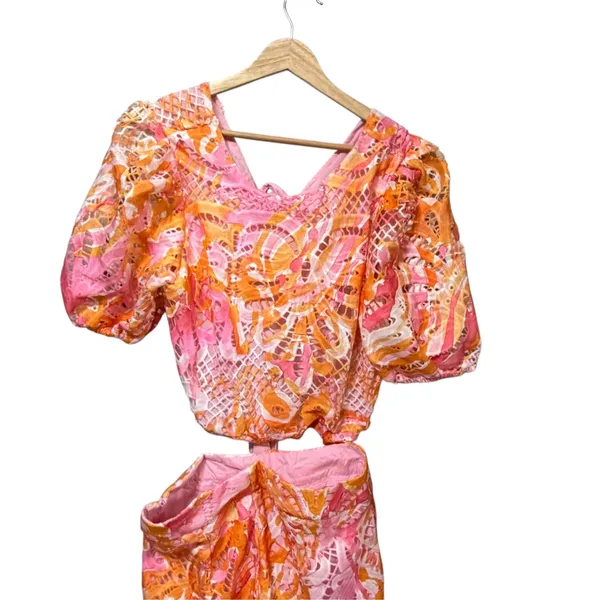 Pink Orange Tropical Floral Lace Two Piece Set Crop Top Wide Leg Pants XS - Image 7