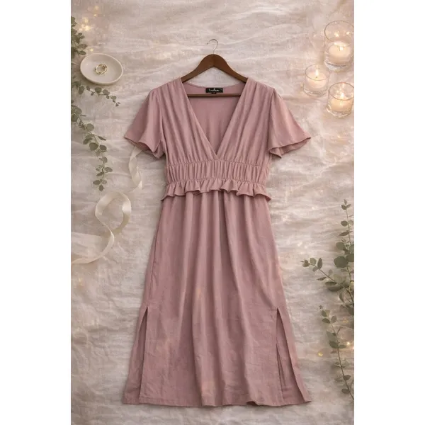 Lulus 100% Cotton Midi Dress Women's M Mauve Flutter Sleeve Smocked Waist V Neck - Image 9