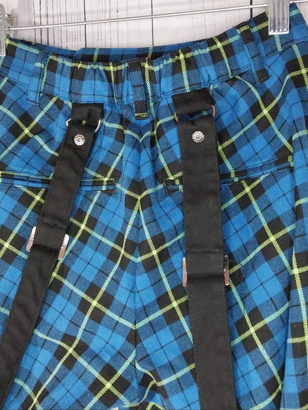 Hot Topic Blue & Green Plaid Punk 90's Alternative Suspender Pants - Image 6