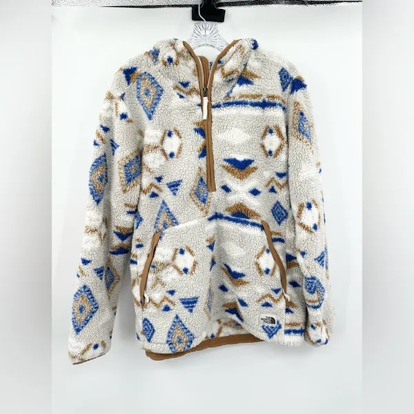 The North Face Hoodie Womens Aztec 1/4‎ Zip Sherpa Long Sleeve Elbow Patches XL - Image 2