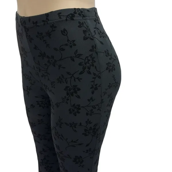 Source Unknown Black Mesh Floral Velvet Fully Lined High Waist Flare Stretch Pants Womens Small - Image 7