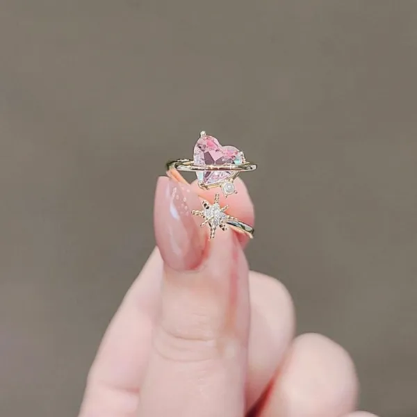 18K Gold Plated Adjustable Pink Crystal Love Heart Ring for Women - Image 3