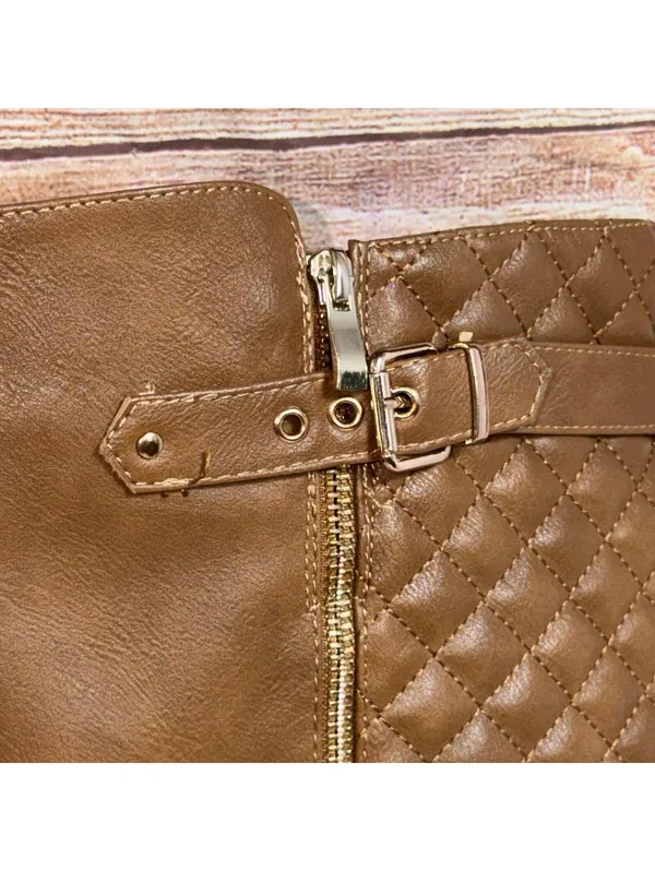 Dream Paris Women’s Knee High Riding Boots Size 9 Tan Quilted Buckle Zip - Image 5