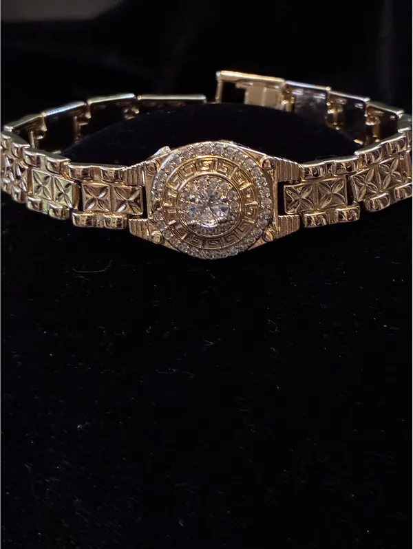 Gold-Tone Greek Key Medallion Link Bracelet – CZ Halo Accent, 0.5" Wide Band 7”L - Image 3