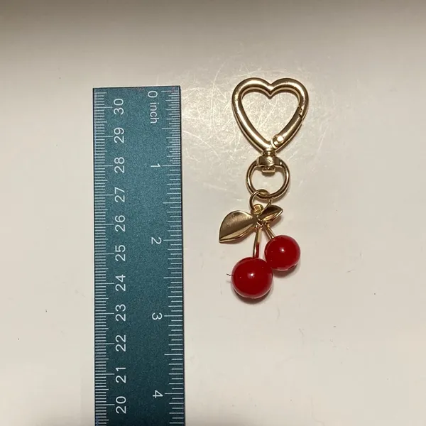 Gold-tone Red Cherry Keychain or Bag Charm on Swivel Heart Clip - Image 3