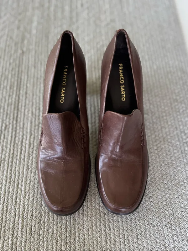 Franco Sarto Brown Leather 90s Minimalist Block Heel Loafers Size 8 - Image 9