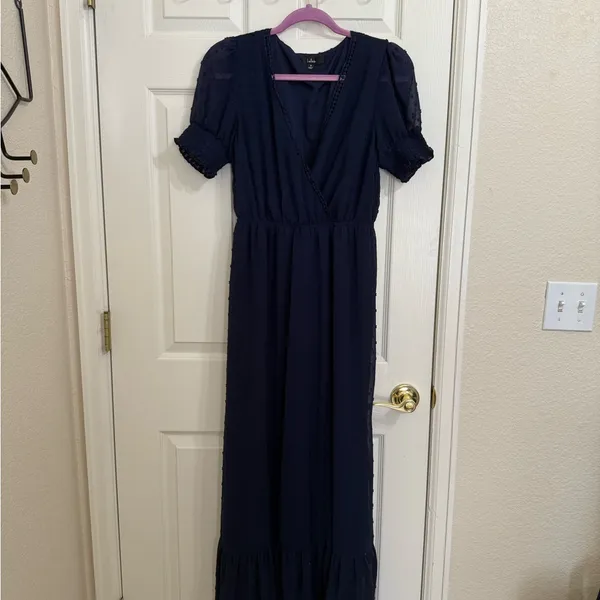 Lulus Falling Into You Navy Blue Swiss Dot Tiered Maxi Dress - Size Medium - Image 2