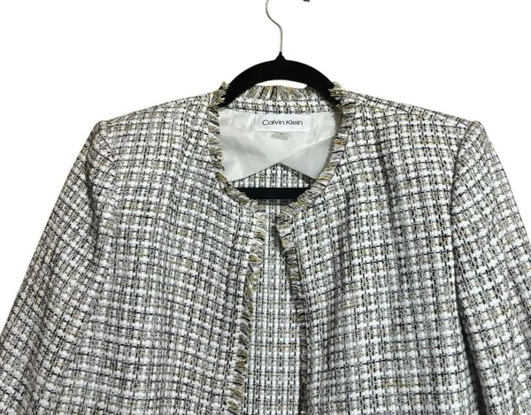 Calvin Klein Jacket Women 6 Multicolor Tweed Plaid Wool Blend Fringe Open Jacket - Image 2