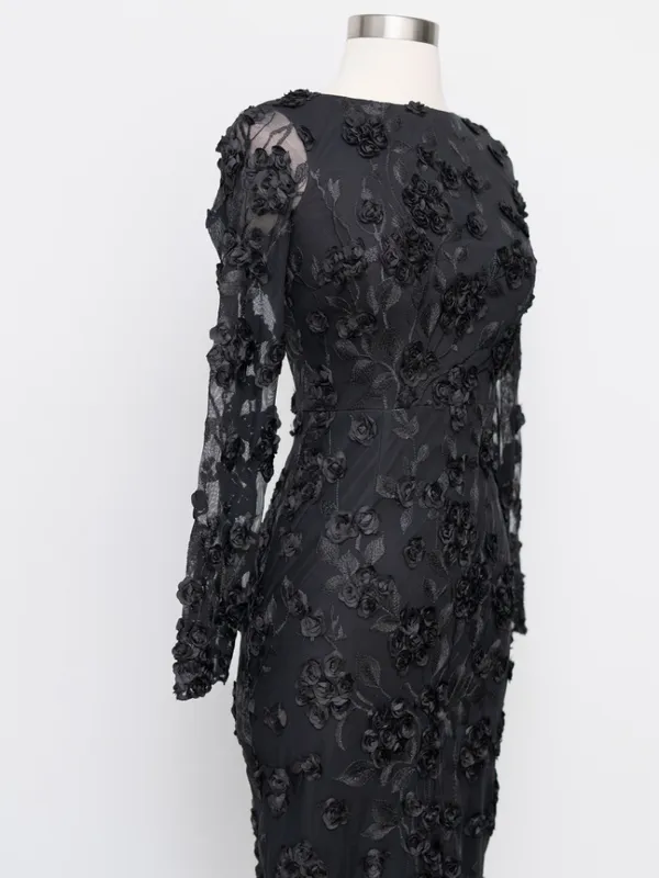 AQUA Formal - Black 3D‎ Floral Appliqué Sheer Sleeve Midi Dress - Image 8