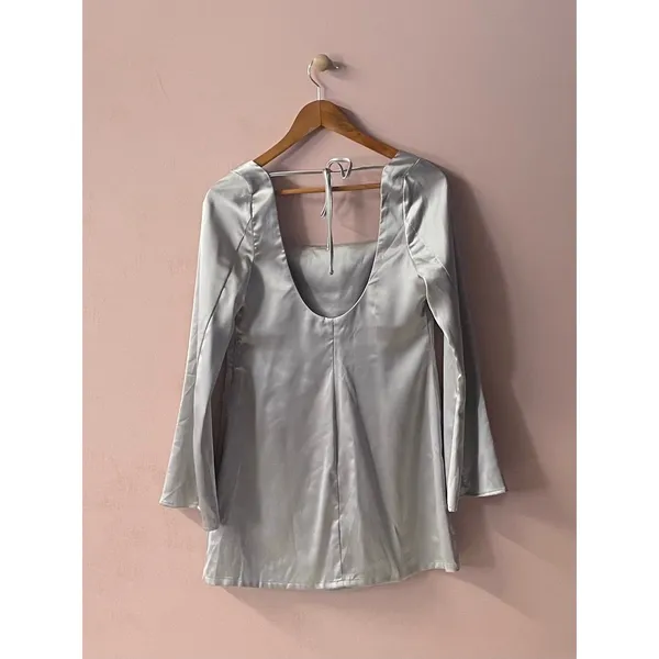 Wild Fable Silver Satin Bell Sleeve A-Line Mini Dress Size M - Image 2