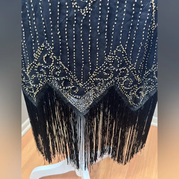 #10 Vintage-Inspired Black Beaded Flapper Dress with Fringe-Large/Size 14 - Image 7
