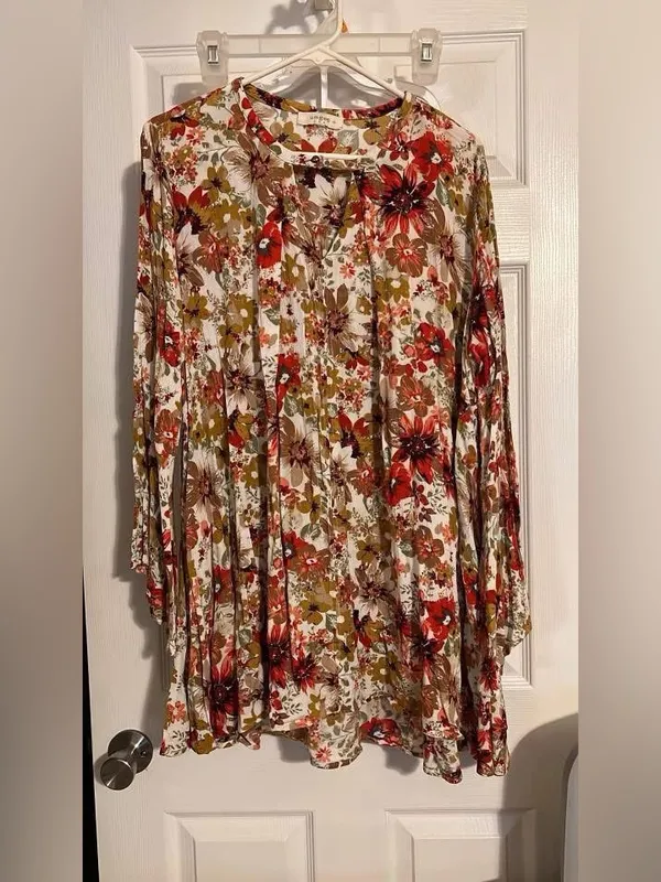 Umgee Floral Bell-Sleeve Blouse in Cream, Rust & Olive - Image 2