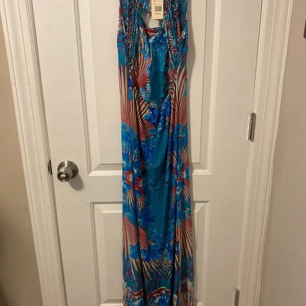 Julia Tropical Hibiscus Maxi Dress Womens Small Turquoise Red Fringe Cutout Back - Image 6