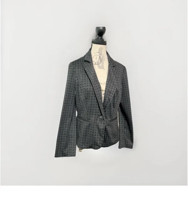 SOHO Apparel LTD Women L Blazer Black Gray Plaid Check One Button Jacket Y2K VTG - Image 2