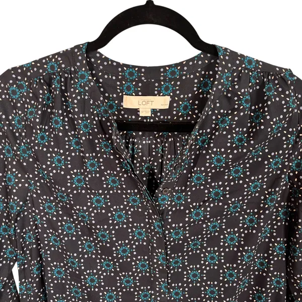 Loft Petite Navy Blue Medallion Print Shift Dress Coral Border SP Long‎ Sleeve - Image 4
