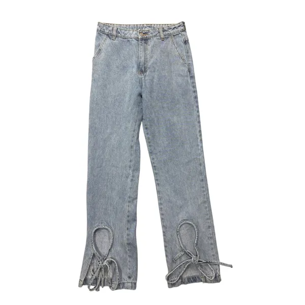 12th Tribe Jeans Small Sofia Light Wash Ankle Tie Cutout Straight Leg Denim - Image 2