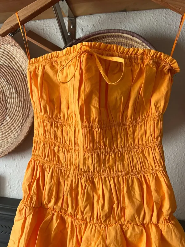 Bubble smocked strapless Mini Dress Game Day Sweetheart in Marigold Orange XS - Image 4