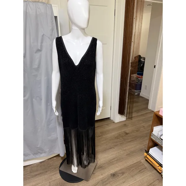 Women 2pc Black Gatsby fringe dress & faux fur trim Jacket. Roaring 20's - Image 5