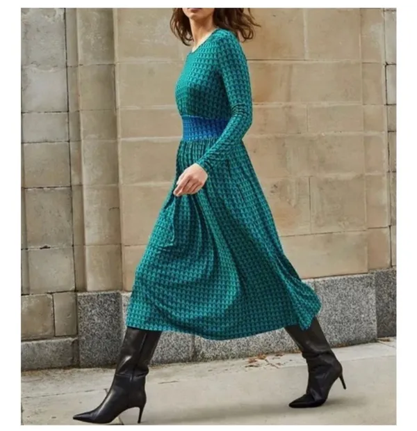 Boden Thea Green & Navy Geometric Mod Long Sleeve Midi Dress - Image 2