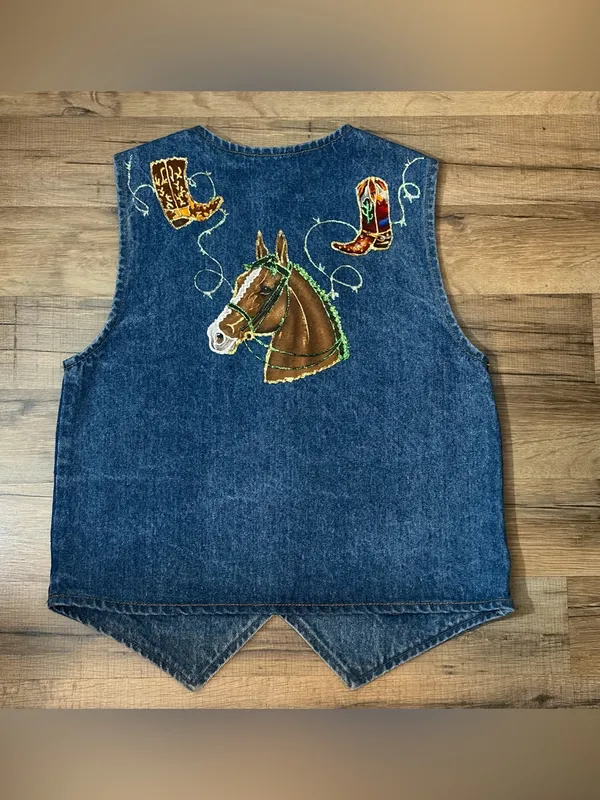 Vintage 90s Unbranded Western Embroidered horse Denim Vest cowboy One of a Kind! - Image 5