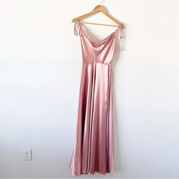 Ladivine Satin Dusty Pink Formal Evening Cocktail High Slit Maxi Gown - Image 2