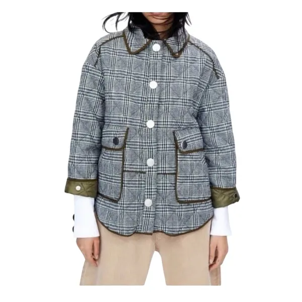Zara Oversized Plaid Utility Coat Jacket Medium Green Gray Check - Image 12