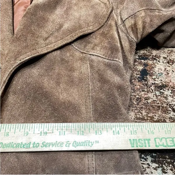 Vintage 70s Suede Leather Belted Mini‎ Trench Jacket Brown 9/10 - Image 9