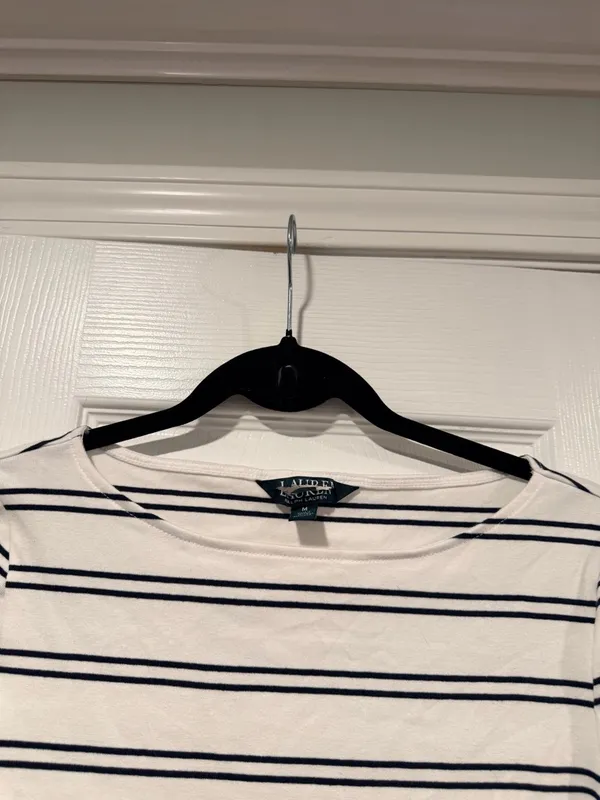 NWOT LRL Ralph Lauren Striped Knit Top Navy White Short Sleeve Stretch Classic - Image 2