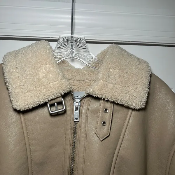 Heartloom Womens XS Tan Faux Leather Shearling Aviator Moto Jacket minimalist - Image 3