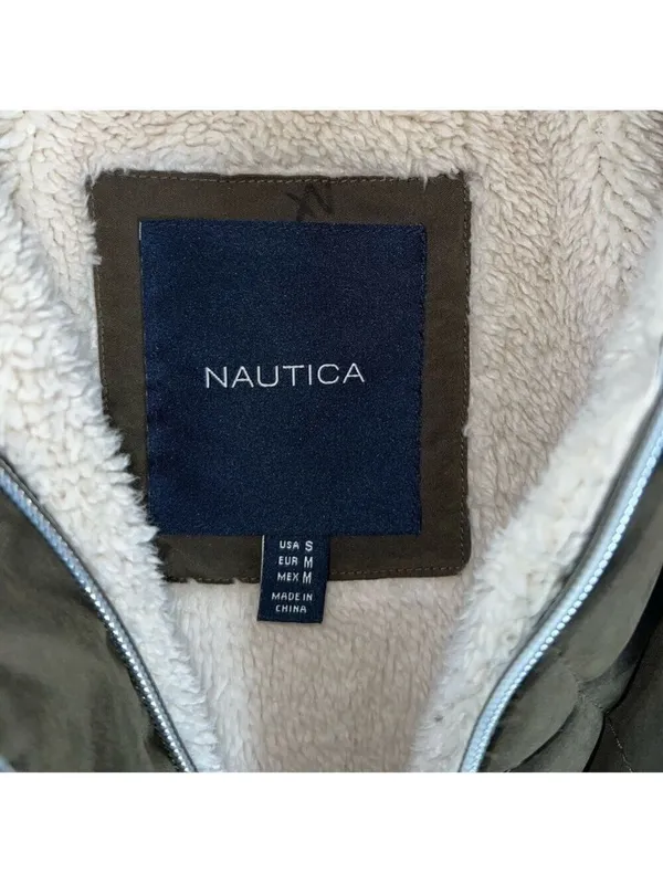 Nautica Olive Green Zip Up Jacket Polyester Lining With Buttons Size Small - Image 5