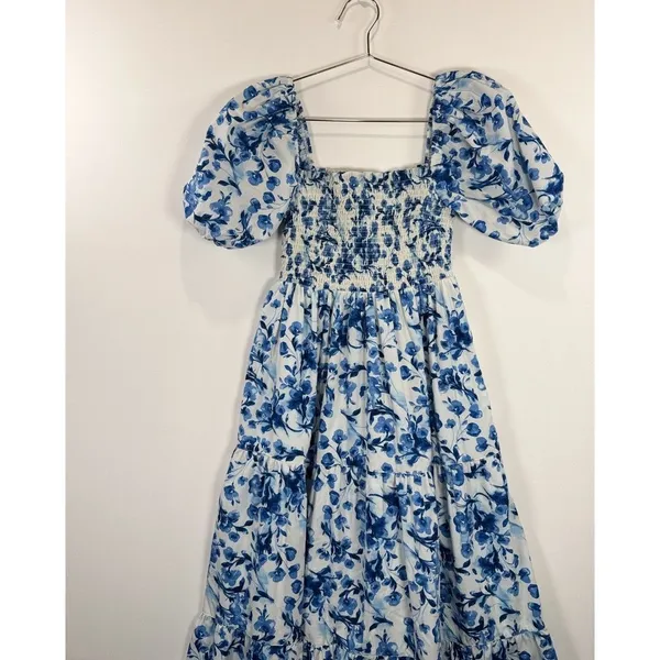Abercrombie Fitch Midi Dress Blue Toile De Jouy Smocked Puffed Cottagecore Small - Image 5
