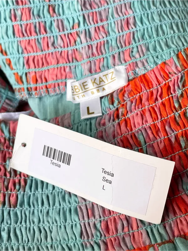 Debbie Katz Tala Pant Sea, Boho Wide-Leg Tiered Pants in Aqua & Coral - L - Image 9