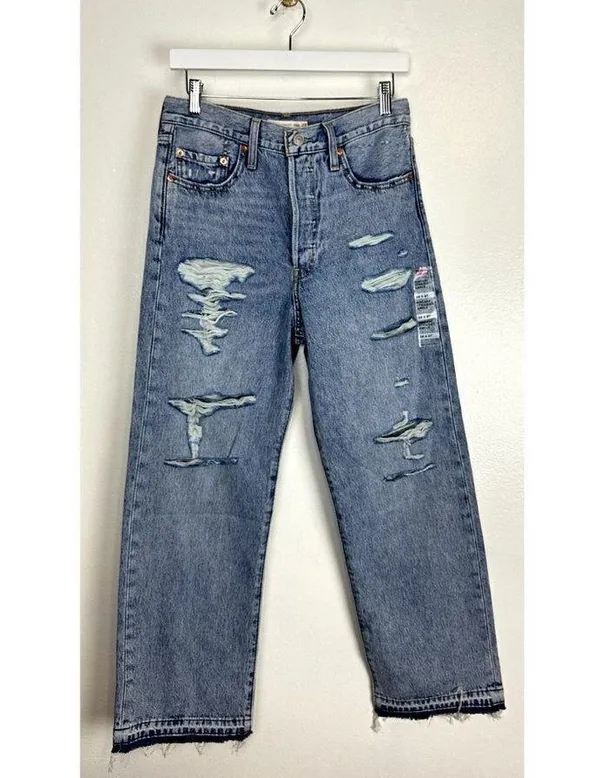 LEVI'S Ribcage High Rise Destructed Straight Jeans in Wash Haleys Comment US 28 - Image 6