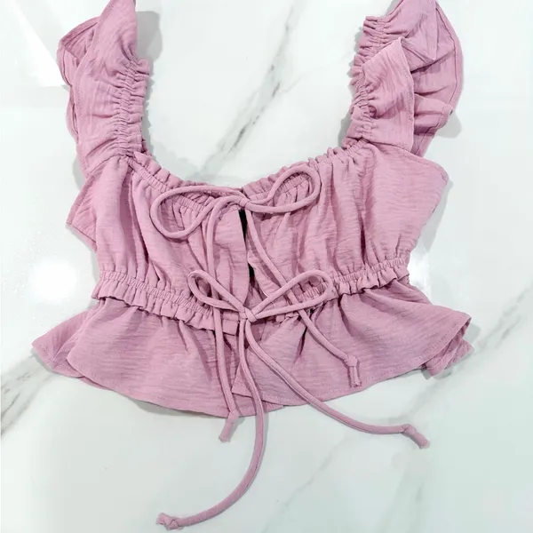 Y2K Lavender Bow Tie-Front Sz Small Feminine Ruffled Coquette Babydoll Crop Top - Image 3