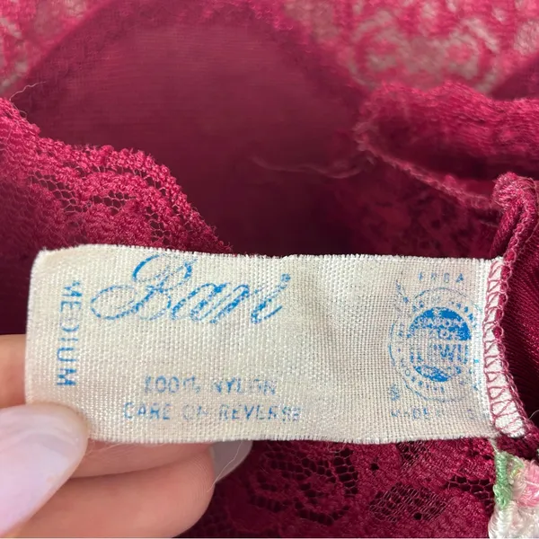 Vintage 80’s Bari Silky Nylon Lace Burgundy Camisole Size M - Image 5