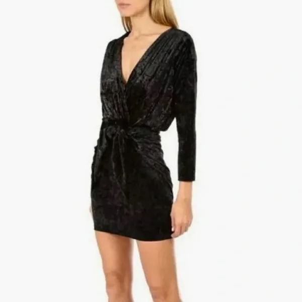 MISA Los Angeles Ophelie Black Crushed Velvet Tie Front Mini Dress Stretch Small - Image 14