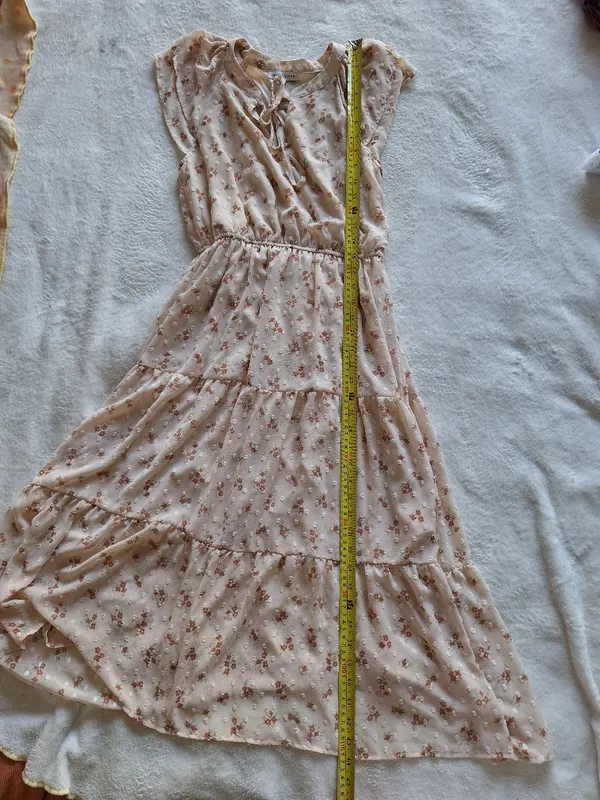 Moon River Floral Swiss Dot Tiered Midi Dress Tie Neck S - Image 4