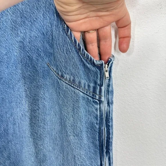 Madewell Denim Pinafore Dress Blue‎ Wash Sleeveless Side Zip Pockets Size L - Image 5