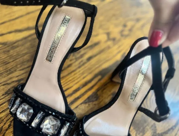 Black suede sandals by Audrey Brooke with gemstones - Image 4