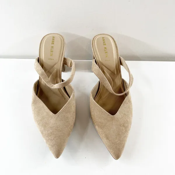Anne Klein Bellatrix Pointed Toe Suede Block Heel Mule Heels Tan Beige 9 - Image 8