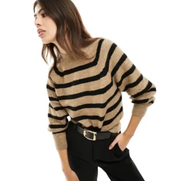 Mango MNG Striped Raglan Knit Sweater Camel Black Crew Neck Relaxed Fit XS - Image 3