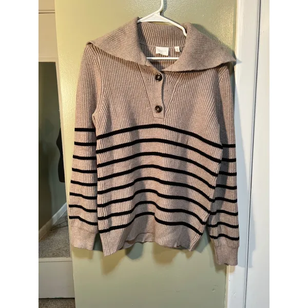 Cyrus Women's Sz Medium Sweater Oversized Collar Tan Black Stripes Henley Button - Image 3