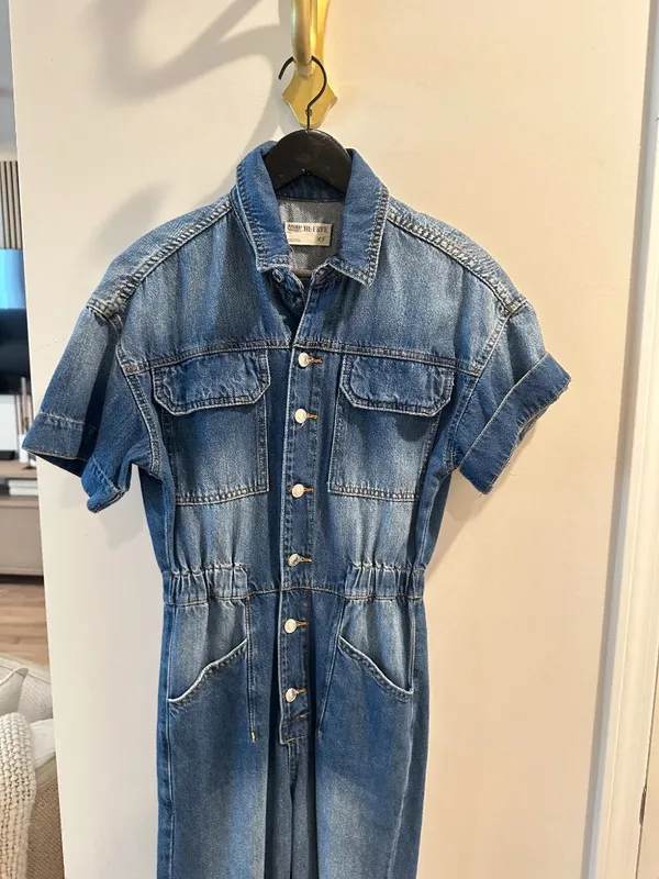 FREE PEOPLE Marci Denim Jumpsuit in Wash Sapphire Blue Size X-Small - Image 5